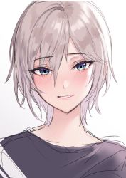 Rule 34 | 1girl, anastasia (idolmaster), blush, earrings, grey hair, grey shirt, highres, idolmaster, idolmaster cinderella girls, jewelry, kyuma (hisa hisa ma), light smile, looking at viewer, multicolored eyes, portrait, shirt, short hair, simple background, sketch, solo, stud earrings, white background