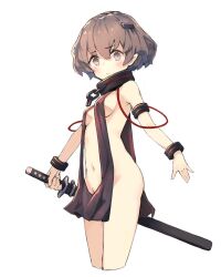 Rule 34 | 1girl, armlet, blush, bracelet, breasts, collar, cropped legs, female focus, grey eyes, grey hair, holding, holding sword, holding weapon, jewelry, kantana, larasuke, medium breasts, navel, revealing clothes, sideless outfit, simple background, slave, solo, sword, weapon, white background, wizardry