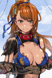 Rule 34 | 1girl, arms behind back, beatrix (granblue fantasy), belt, blue sky, blush, breasts, brown hair, chain, cleavage, collar, granblue fantasy, green eyes, hair ornament, hair ribbon, hungry clicker, large breasts, long hair, looking at viewer, ponytail, restrained, ribbon, sky, solo, swept bangs, tearing up, torn clothes