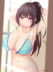 Rule 34 | 1girl, aqua bra, armpits, arms up, black hair, blush, bottomless, bra, breasts, censored, cleavage, closed mouth, collarbone, commentary request, female pubic hair, hair tie in mouth, highres, indoors, large breasts, light censor, long hair, looking at viewer, mirror, mole, mole under eye, mouth hold, nao (naobinarydigit), open bra, original, ponytail, pubic hair, red eyes, reflection, simple background, solo, tying hair, underwear