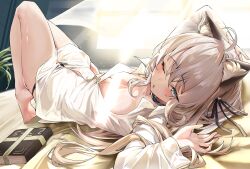 1girl absurdres animal_ear_fluff animal_ears arknights barefoot black_panties black_ribbon blue_eyes breasts cat_ears cat_girl commentary_request commission feet full_body grey_hair hair_ribbon highres knees_up light_censor long_hair long_sleeves looking_at_viewer lying mint_(arknights) mr.zhuo naked_shirt on_back one_eye_closed open_clothes open_mouth open_shirt panties ribbon shirt sleepy small_breasts soles solo underwear