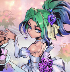 Rule 34 | 1girl, akali, arm behind back, bare shoulders, blue eyes, blue hair, bouquet, closed mouth, commentary, crystal rose akali, detached collar, detached sleeves, dress, expressionless, flower, food, green hair, grey dress, hand up, holding, holding bouquet, juliet sleeves, league of legends, long hair, long sleeves, looking at viewer, looking back, multicolored hair, official alternate costume, phantom ix row, pink flower, plant, ponytail, puffy sleeves, purple flower, red flower, shiny skin, strapless, strapless dress, symbol-only commentary, two-tone hair
