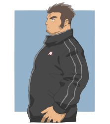 Rule 34 | 1boy, alternate costume, bara, blush, brown hair, casual, cross scar, facial hair, hand on own hip, houzouin oniwaka, jacket, long sideburns, looking to the side, male focus, scar, scar on face, scar on forehead, short hair, sideburns, simple background, solo, stubble, thick eyebrows, tokyo houkago summoners, track jacket, upper body, yanutorie