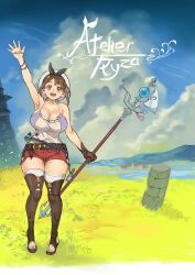 Rule 34 | 1girl, absurdres, atelier (series), atelier ryza, atelier ryza 1, blush, breasts, brown eyes, brown hair, cleavage, cloud, day, gloves, grass, hair ornament, hairclip, hat, highres, jewelry, kaitsu tokiyas, large breasts, looking at viewer, nature, navel, necklace, on grass, open mouth, outdoors, red shorts, reisalin stout, short hair, short shorts, shorts, sky, smile, solo, star (symbol), thick thighs, thighhighs, thighs, waving, white hat, wide hips