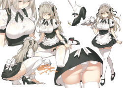 Rule 34 | 1girl, absurdres, apron, ass, black footwear, black neckwear, blush, bra, breasts, brown eyes, cup, dress, eyes visible through hair, frilled apron, frills, grey hair, hair ribbon, high heels, highres, holding, holding tray, large breasts, long hair, maid, maid headdress, mary janes, multiple views, non-web source, one eye closed, open mouth, original, panties, polka dot, polka dot panties, ribbon, saitou masatsugu, see-through, shoes, short sleeves, simple background, single shoe, sitting, skindentation, smile, spill, squatting, standing, teacup, teapot, thighhighs, tray, two side up, underwear, waist apron, wet, wet clothes, white apron, white background, white bra, white panties, white thighhighs, wrist cuffs