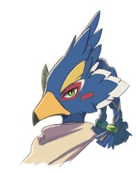 Rule 34 | bird boy, braid, closed mouth, cropped shoulders, furry, furry male, green eyes, looking at viewer, male focus, nintendo, revali, rito, scarf, simple background, slit pupils, solo, the legend of zelda, the legend of zelda: breath of the wild, ukata, white background, white scarf