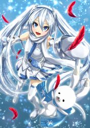 Rule 34 | 1girl, absurdly long hair, amatuka hitomi, anniversary, aqua eyes, aqua hair, aqua neckwear, artist name, artist request, bare shoulders, blue eyes, blue hair, blue neckwear, boots, breasts, detached sleeves, earmuffs, feathers, female focus, full body, gloves, gradient hair, hair ornament, hatsune miku, headphones, headset, high heel boots, high heels, highres, layered skirt, long hair, long twintails, microphone, miniskirt, mittens, multicolored hair, number tattoo, parted lips, plaid, plaid skirt, pleated, pleated skirt, print neckwear, rabbit yukine, reaching, reaching towards viewer, red feathers, scarf, shirt, short sleeves, shoulder tattoo, sidelocks, skirt, sleeveless, sleeveless shirt, small breasts, smile, snow, snowflake hair ornament, snowflake print, snowflakes, snowing, solo, tattoo, thigh boots, thighhighs, tie clip, twintails, very long hair, vocaloid, weather, white footwear, white gloves, white mittens, white scarf, white shirt, white skirt, white sleeves, white thighhighs, yuki miku, yuki miku (2011), zettai ryouiki