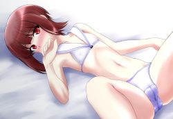 Rule 34 | 1girl, bikini, brown hair, cameltoe, clothes writing, collarbone, commentary request, crotch seam, feet out of frame, hat, highres, kantai collection, looking at viewer, lying, mochizuki kazuto, navel, red eyes, sailor bikini, sailor collar, sailor hat, short hair, solo, swimsuit, white bikini, white hat, white sailor collar, z3 max schultz (kancolle)