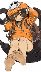 Rule 34 | 1girl, absurdres, aged down, anchor, ass, backpack, bag, barefoot, black gloves, black shorts, blush, brown eyes, brown hair, collarbone, eyebrows, eyelashes, feet, fingerless gloves, foot focus, foreshortening, gloves, greek toe, guilty gear, hat, highres, hood, hood down, hoodie, leather, leather belt, legs, long hair, long sleeves, looking at viewer, may (guilty gear), menthako, open mouth, orange hat, orange hoodie, pov, salute, shirt, short shorts, shorts, simple background, sitting, skull, skull and crossbones, skull on head, smile, soles, solo, swept bangs, teasing, thighs, toes, tongue, undershirt, very long hair, white background, white shirt