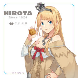 Rule 34 | blonde hair, blue eyes, braid, commentary request, corset, cosplay, cream puff, crown, dress, flower, food, french braid, hairband, jewelry, kantai collection, konishi (koconatu), long hair, long sleeves, mini crown, name connection, necklace, off-shoulder dress, off shoulder, official art, pun, real life, red flower, red ribbon, red rose, ribbon, rose, smile, solo, uchida shuu, voice actor, voice actor connection, warspite (kancolle), warspite (kancolle) (cosplay), white dress
