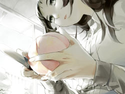 Rule 34 | 1girl, black hair, food, from below, fruit, grey eyes, hand focus, holding, holding food, holding fruit, knife, kosei (wea), lips, original, peach, perspective, pov, solo, wet