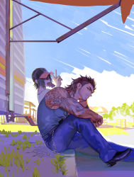 Rule 34 | 2boys, arm tattoo, bare arms, baseball cap, beard, denim, facial hair, final fantasy, final fantasy xv, from side, gladiolus amicitia, grey tank top, hair slicked back, hat, highres, in higashiyama, jeans, long sideburns, looking at viewer, male focus, mature male, medium hair, multiple boys, muscular, muscular male, noctis lucis caelum, pants, pectorals, scar, scar across eye, scar on face, shoes, sideburns, sidepec, stubble, tank top, tattoo, undercut, v