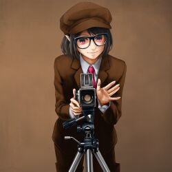 Rule 34 | 1girl, album cover redraw, black hair, brown background, brown hat, brown jacket, brown shorts, camera, chanko, collared shirt, commentary request, cowboy shot, derivative work, flat cap, glasses, hat, highres, jacket, long sleeves, looking at viewer, necktie, pointy ears, red eyes, red necktie, shameimaru aya, shameimaru aya (newsboy), shirt, shorts, solo, touhou, tripod, white shirt