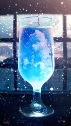 Rule 34 | absurdres, banishment, blue theme, blurry, building, cloud, commentary, cup, depth of field, drinking glass, highres, huge filesize, light particles, no humans, original, power lines, scenery, signature, sky, snow, utility pole, window