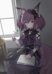 Rule 34 | 1girl, absurdres, animal ear fluff, animal ears, arknights, bad id, bad twitter id, black bow, black bowtie, black headwear, book, bow, bowtie, bug, butterfly, butterfly on hand, closed mouth, clothing cutout, dress, fox ears, fox girl, fox tail, hair ornament, highres, indoors, insect, kit, looking at viewer, purple dress, purple eyes, shamare (arknights), sidelocks, sitting, skull hair ornament, solo, tail, two side up, window, wrist cuffs