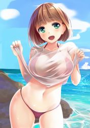 Rule 34 | 1girl, arms up, bad id, bad pixiv id, beach, bikini, blush, breasts, brown hair, cleavage, clothes pull, day, green eyes, groin, large breasts, looking at viewer, midriff, navel, neko neko koneko, open mouth, original, outdoors, see-through, shiny skin, shirt, shirt pull, short hair, smile, solo, stomach, sun, swimsuit, t-shirt, water, wet, wet clothes
