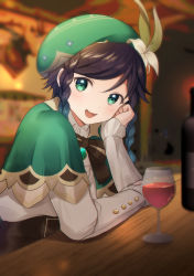 Rule 34 | 1boy, :d, absurdres, alcohol, arm rest, bar (place), black hair, blue eyes, blue hair, blurry, blurry background, blush, bottle, bow, braid, brown bow, cape, commentary request, counter, cup, drinking glass, flower, genshin impact, gradient hair, green cape, green hat, hair between eyes, hand on own cheek, hand on own face, hat, hat flower, highres, indoors, kazepana, long sleeves, looking at viewer, male focus, multicolored hair, open mouth, sidelocks, sitting, smile, solo, twin braids, upper body, venti (genshin impact), wine, wine bottle, wine glass