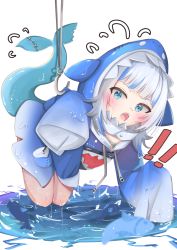 Rule 34 | !, !!, 1girl, :o, ^^^, animal hood, blue eyes, blue hair, blue hoodie, blush, commentary, constricted pupils, drawstring, dripping, english commentary, fins, fish, fish tail, fishing, fishing hook, fishing line, flying sweatdrops, gawr gura, gawr gura (1st costume), highres, hololive, hololive english, hood, hood up, hoodie, legs together, minertime, multicolored hair, ocean, open mouth, shark girl, shark hood, shark tail, sharp teeth, sidelocks, simple background, sleeves past fingers, sleeves past wrists, solo, streaked hair, surprised, tail, teeth, virtual youtuber, water, wet, wet clothes, white background, white hair, wide-eyed