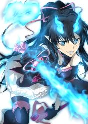 Rule 34 | 1girl, ao no exorcist, black dress, black hair, blue eyes, blue fire, blue flames, breasts, collarbone, demon, demon girl, demon tail, dress, facing viewer, fang, fire, flaming sword, flaming weapon, frilled dress, frilled skirt, frills, genderswap, genderswap (mtf), gloves, gothic fashion, gothic lolita, grin, hair ribbon, happy, high ponytail, holding, holding sheath, holding sword, holding weapon, horns, katana, kuro (ao no exorcist), lolita fashion, long hair, looking at viewer, okumura rin, paradise parasol, parted lips, pink ribbon, ponytail, ribbon, sheath, shoes, simple background, skirt, smile, solo, sword, tail, teeth, thighhighs, unsheathed, very long hair, weapon, white background