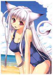 Rule 34 | 1girl, :d, absurdres, animal ears, beach, breasts, cat ears, cat tail, cleavage, cloud, day, highres, large breasts, ocean, one-piece swimsuit, open mouth, outdoors, pink eyes, sand, sasahiro, school swimsuit, sky, smile, solo, swimsuit, tail, thigh gap, white hair