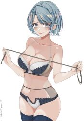 Rule 34 | 1girl, :p, ace attorney, apolonia 07, blue eyes, blue hair, blue thighhighs, blush, bra, corrupted twitter file, earrings, franziska von karma, highres, holding, holding whip, jewelry, lingerie, mole, mole under eye, panties, skindentation, solo, thighhighs, tongue, tongue out, twitter username, underwear, underwear only