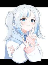 Rule 34 | &gt;:), 1girl, absurdres, blue eyes, blue hair, blue jacket, blue nails, blue necktie, blush, closed mouth, collared shirt, commentary request, double v, drawstring, gawr gura, gawr gura (school uniform), grey hair, hands up, highres, hololive, hololive english, hood, hood down, hooded jacket, jacket, letterboxed, long sleeves, multicolored hair, nail polish, necktie, official alternate costume, puffy long sleeves, puffy sleeves, shirt, side ponytail, sleeves past wrists, smile, solo, streaked hair, ugaaaa1, upper body, v, v-shaped eyebrows, virtual youtuber, white background, white shirt