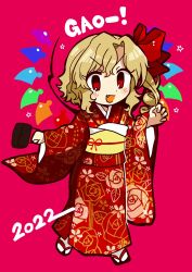 Rule 34 | 1girl, blonde hair, blush, bow, chibi, claw pose, crystal, fang, flandre scarlet, floral print, full body, gao, hair bow, highres, japanese clothes, kimono, long sleeves, maa (forsythia1729), no headwear, obi, open mouth, red bow, red eyes, red kimono, red ribbon, ribbon, sandals, sash, short hair, side ponytail, touhou, v-shaped eyebrows, white legwear, wide sleeves, wings, yellow sash, zouri