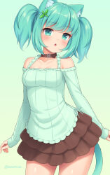 Rule 34 | 1girl, animal ear fluff, animal ears, aqua cat (sasaame), aqua eyes, aqua hair, bare shoulders, blush, breasts, brown skirt, cat ears, cat girl, cat tail, collarbone, commentary, cowboy shot, frilled sweater, frills, highres, looking at viewer, medium breasts, medium hair, miniskirt, off-shoulder sweater, off shoulder, original, sasaame, simple background, skirt, sleeves past wrists, solo, sweater, tail, twintails, twitter username