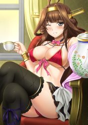 Rule 34 | 10s, 1girl, ahoge, bare shoulders, bikini, black eyes, black thighhighs, blush, bow, bowtie, bracelet, breasts, brown hair, cleavage, covered erect nipples, crossed legs, cup, double bun, female focus, front-tie top, grin, hair bun, hairband, headgear, jewelry, kantai collection, kongou (kancolle), large breasts, long hair, looking at viewer, necklace, one eye closed, red bikini, shibata rai, sitting, skirt, smile, solo, swimsuit, teacup, teapot, thighhighs