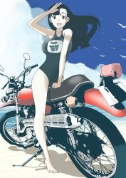 Rule 34 | 1girl, :d, arm support, asymmetrical bangs, barefoot, beach, bird, black eyes, black hair, black one-piece swimsuit, blue sky, character name, cloud, cloudy sky, commentary, day, full body, girls und panzer, highres, long hair, looking at viewer, motor vehicle, motorcycle, name tag, nishi kinuyo, ocean, on vehicle, one-piece swimsuit, open mouth, outdoors, pero (gessoyo), salute, school swimsuit, shadow, sky, smile, solo, standing, swimsuit, wind