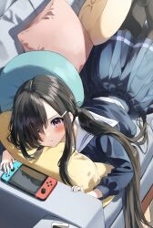 Rule 34 | 1girl, black hair, black pantyhose, blue serafuku, blue shirt, blue skirt, blush, cellphone, commentary request, couch, hair ornament, hair over one eye, hairclip, highres, indoors, long hair, long sleeves, looking at viewer, low twintails, lying, nintendo switch, on couch, on stomach, original, pantyhose, parted lips, pentagon (railgun ky1206), phone, pillow, pleated skirt, puffy long sleeves, puffy sleeves, purple eyes, sailor collar, school uniform, serafuku, shirt, skirt, solo, twintails, very long hair, white sailor collar