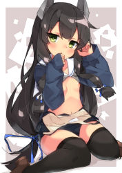 Rule 34 | 1girl, beritabo, black hair, black one-piece swimsuit, black thighhighs, blue ribbon, blue shirt, blush, border, breasts, brown footwear, clothes pull, collarbone, commentary request, green eyes, grey neckerchief, hair ribbon, hands up, headgear, highres, i-47 (kancolle), kantai collection, long hair, long sleeves, looking at viewer, low-tied long hair, navel, neckerchief, nipples, old school swimsuit, one-piece swimsuit, one-piece swimsuit pull, open mouth, parted lips, ribbon, sailor collar, school swimsuit, shirt, shoes, sidelocks, sitting, sleeves past wrists, small breasts, solo, swimsuit, swimsuit under clothes, thighhighs, wariza, white border, white sailor collar