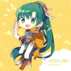 Rule 34 | 1girl, bad id, bad twitter id, bow (weapon), chibi, earrings, fingerless gloves, fire emblem, fire emblem: the blazing blade, fire emblem heroes, fur trim, gloves, green eyes, green hair, highres, jewelry, long hair, lyn (fire emblem), nintendo, pelvic curtain, ponytail, side slit, smile, solo, weapon