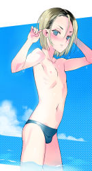 Rule 34 | 1boy, blonde hair, blue eyes, blue male swimwear, blue sky, blue swim briefs, blush, cloud, coin rand, day, dutch angle, male focus, male swimwear, multicolored hair, navel, nipples, original, outdoors, parted lips, ribs, sky, solo, swim briefs, swimsuit, topless male, two-tone hair, wading, wet