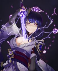 Rule 34 | 1girl, armor, bad id, bad pixiv id, braid, breasts, bridal gauntlets, choker, cleavage, closed mouth, drawing sword, electricity, expressionless, flower, genshin impact, geomissword, glowing, glowing sword, glowing weapon, grey background, hair flower, hair ornament, highres, holding, holding sword, holding weapon, human scabbard, japanese clothes, kimono, long hair, looking at viewer, low-braided long hair, low-tied long hair, magic circle, medium breasts, mitsudomoe (shape), mole, mole under eye, nail polish, obi, obiage, obijime, purple eyes, purple flower, purple hair, purple kimono, purple nails, raiden shogun, red ribbon, ribbon, ribbon choker, sash, shoulder armor, simple background, solo, sword, tassel, tomoe (symbol), upper body, weapon, wide sleeves