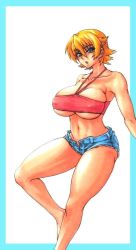 Rule 34 | 00s, 1girl, bare shoulders, blonde hair, blue eyes, breasts, criss-cross halter, cutoffs, denim, denim shorts, halterneck, igawa sakura, large breasts, midriff, navel, open fly, open mouth, short hair, short shorts, shorts, solo, taimanin (series), taimanin asagi, thick thighs, thighs, unbuttoned, underboob, wrato