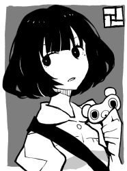 Rule 34 | 1girl, akashi (yojouhan), bob cut, bright pupils, collared shirt, commentary, creature, dowman sayman, expressionless, greyscale, hand up, highres, holding, holding creature, jpeg artifacts, logo, looking at viewer, looking to the side, mochiguman (yojouhan), mole, mole under eye, monochrome, outside border, parted lips, shirt, short hair, shoulder strap, simple background, solo, upper body, yojouhan shinwa taikei
