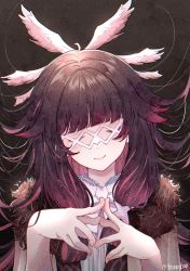 Rule 34 | 1girl, absurdres, artist name, black hair, bonnu uwu, closed eyes, closed mouth, coat, columbina (genshin impact), commentary, fur coat, genshin impact, hands up, head wings, highres, light blush, multicolored hair, purple hair, smile, solo, two-tone hair, upper body, wings