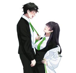 Rule 34 | 1boy, 1girl, assertive female, black hair, collared shirt, couple, earrings, formal, from side, green necktie, height difference, hetero, jewelry, limbus company, long hair, necklace pull, necktie, open mouth, original, project moon, saccharhythm, samjo (project moon), sei shounagon (saccharhythm), shirt, short hair, simple background, suit, white background, white shirt