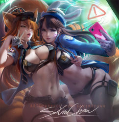 Rule 34 | 2girls, ahri (league of legends), animal ears, bikini, bikini top only, breast press, breasts, cleavage, facial mark, fox ears, fox tail, hat, large breasts, league of legends, multiple girls, nail polish, navel, officer d.va, overwatch, overwatch 1, phone, police, police hat, police uniform, policewoman, rabbit ears, sakimichan, selfie, short shorts, shorts, swimsuit, tail, thighhighs, unbuttoned, uniform, v, watermark, whisker markings