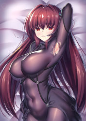 Rule 34 | 1girl, arm up, armpits, blush, bodysuit, breasts, covered erect nipples, covered navel, cowboy shot, fate/grand order, fate (series), hair between eyes, hair intakes, highres, iro ame (amewaagada), large breasts, light particles, long hair, looking at viewer, lying, on back, parted lips, purple bodysuit, purple hair, red eyes, scathach (fate), skin tight, smile, solo, sparkle, sweat, torn bodysuit, torn clothes, very long hair