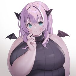 Rule 34 | 1girl, agano mai, aqua eyes, artist request, bare shoulders, black horns, black wings, blush, breasts, closed mouth, commentary request, dot nose, fat, hair between eyes, head tilt, highres, horns, indie virtual youtuber, large breasts, long hair, looking at viewer, mini wings, purple hair, red nails, second-party source, sleeveless, smile, solo, straight-on, thick arms, upper body, virtual youtuber, wings