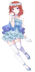 Rule 34 | 1girl, :o, aqua dress, artist name, artist request, bare shoulders, blue dress, blush, collarbone, dress, female focus, flower wreath, full body, gloves, hair between eyes, head wreath, highres, larme ko, looking at viewer, love live!, love live! school idol project, night, night sky, nishikino maki, playing with own hair, purple eyes, red eyes, red hair, shoes, short hair, sky, smile, soles, solo, white background, white gloves, white legwear, yume no tobira