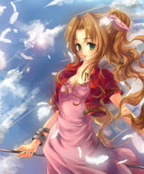 Rule 34 | 1990s (style), 1girl, aerith gainsborough, belt, bow, bracelet, brown hair, choker, cloud, cropped jacket, day, dress, feathers, female focus, final fantasy, final fantasy vii, green eyes, hair bow, hair ribbon, highres, jacket, jewelry, lens flare, lilithbloody, long dress, long hair, necklace, pink bow, pink dress, ponytail, retro artstyle, ribbon, sky, solo, staff, very long hair