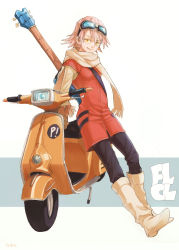 Rule 34 | 00s, 1girl, bad id, bad pixiv id, boots, copyright name, electric guitar, flcl, full body, goggles, goggles on head, guitar, haruhara haruko, highres, instrument, looking at viewer, motor vehicle, pink hair, scarf, scooter, simple background, solo, teyuruun, vehicle, yellow eyes
