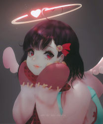 Rule 34 | 1girl, ahoge, aoi ogata, arm support, artist name, backpack, bag, black hair, closed mouth, commentary, commission, english commentary, eyelashes, grey background, hair ornament, hair ribbon, halo, hands up, head in hand, head rest, heart, heart ahoge, highres, jacket, lips, looking at viewer, original, pink jacket, polka dot, randoseru, red eyes, red ribbon, ribbon, solo