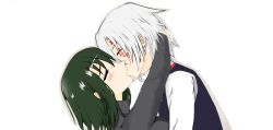 Rule 34 | 1boy, 1girl, allen walker, arms around neck, blush, couple, d.gray-man, closed eyes, facial mark, from side, green hair, hetero, kiss, lenalee lee, md5 mismatch, reyal2420, self-upload, short hair, silver hair, simple background, upper body, white background