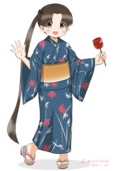 Rule 34 | 1girl, ayanami (kancolle), blue kimono, brown eyes, brown hair, candy apple, dated, food, full body, japanese clothes, kantai collection, kimono, long hair, looking at viewer, masara (chuujou), official alternate costume, sandals, side ponytail, simple background, solo, standing, twitter username, waving, white background, yukata