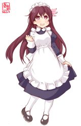 Rule 34 | 1girl, absurdres, alternate costume, apron, artist logo, black footwear, blue dress, brown eyes, brown hair, commentary request, dated, dress, enmaided, frilled apron, frilled dress, frills, full body, hair ornament, highres, kanon (kurogane knights), kantai collection, kisaragi (kancolle), long hair, maid, maid headdress, mary janes, open mouth, round teeth, shoes, simple background, solo, standing, teeth, upper teeth only, white apron, white background, white legwear
