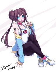 Rule 34 | 1girl, black pantyhose, blue eyes, breasts, brown hair, cleavage, commentary request, creatures (company), dated, double bun, flower tattoo, game freak, hair bun, highres, long hair, looking at viewer, nintendo, pantyhose, pokemon, pokemon bw2, rosa (pokemon), scarlet zel, shirt, simple background, solo, tank top, tattoo, twintails, white background